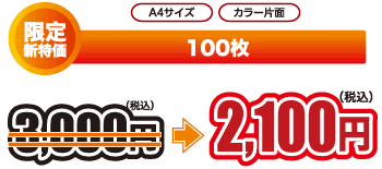 A4サイズ カラー片面 限定新特価　100枚　3,000円（税込）⇒2,100円（税込）
